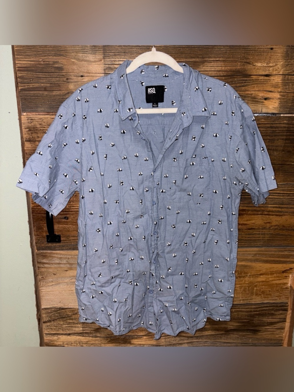 RSQ Men's Light Blue Short Sleeve Button-Down Shirt with Panda Print